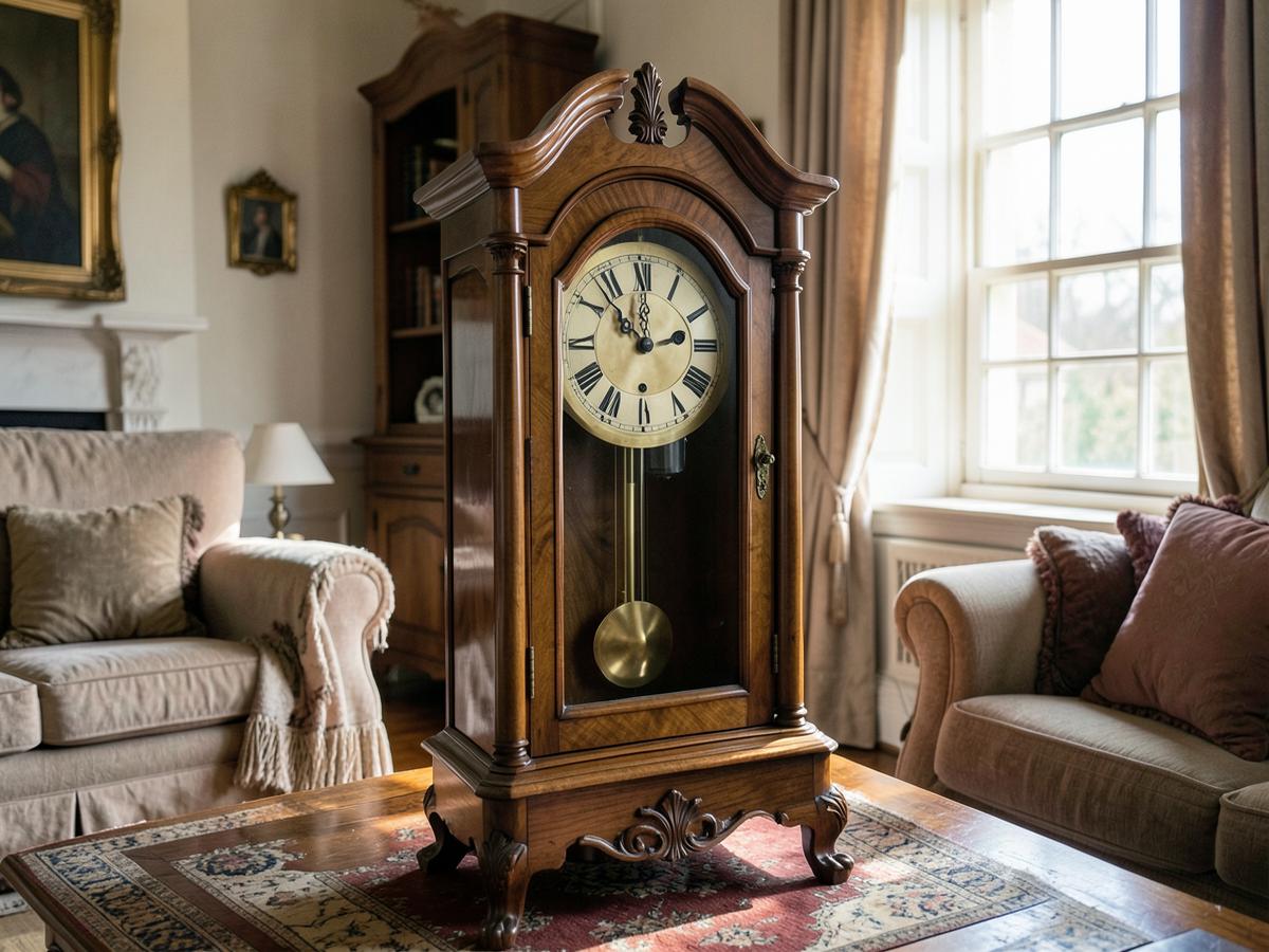 Antique walnut grandfather clock with brass pendulum in a sunlit living room