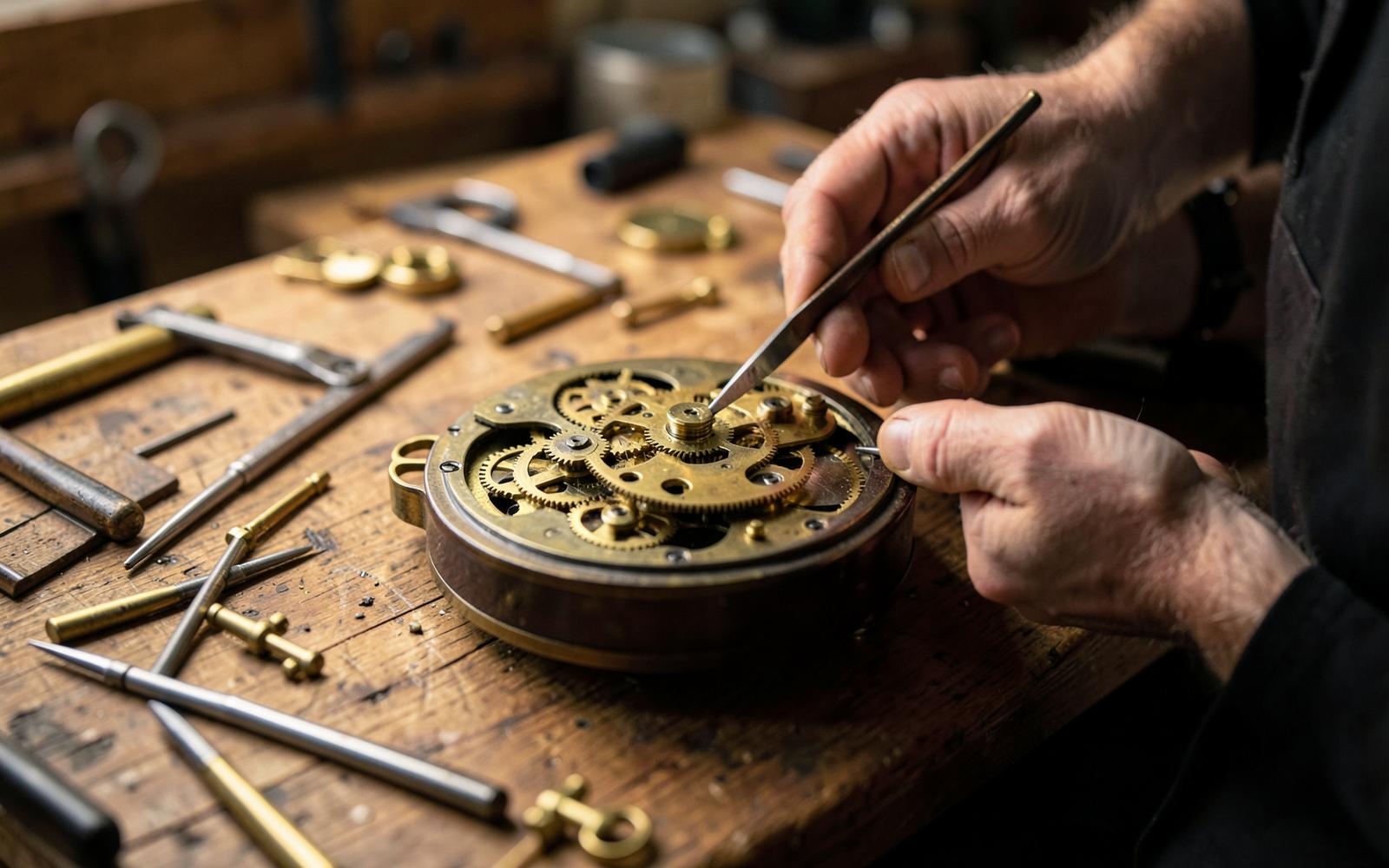 Clockmaker repairing an antique brass clock movement at a workbench