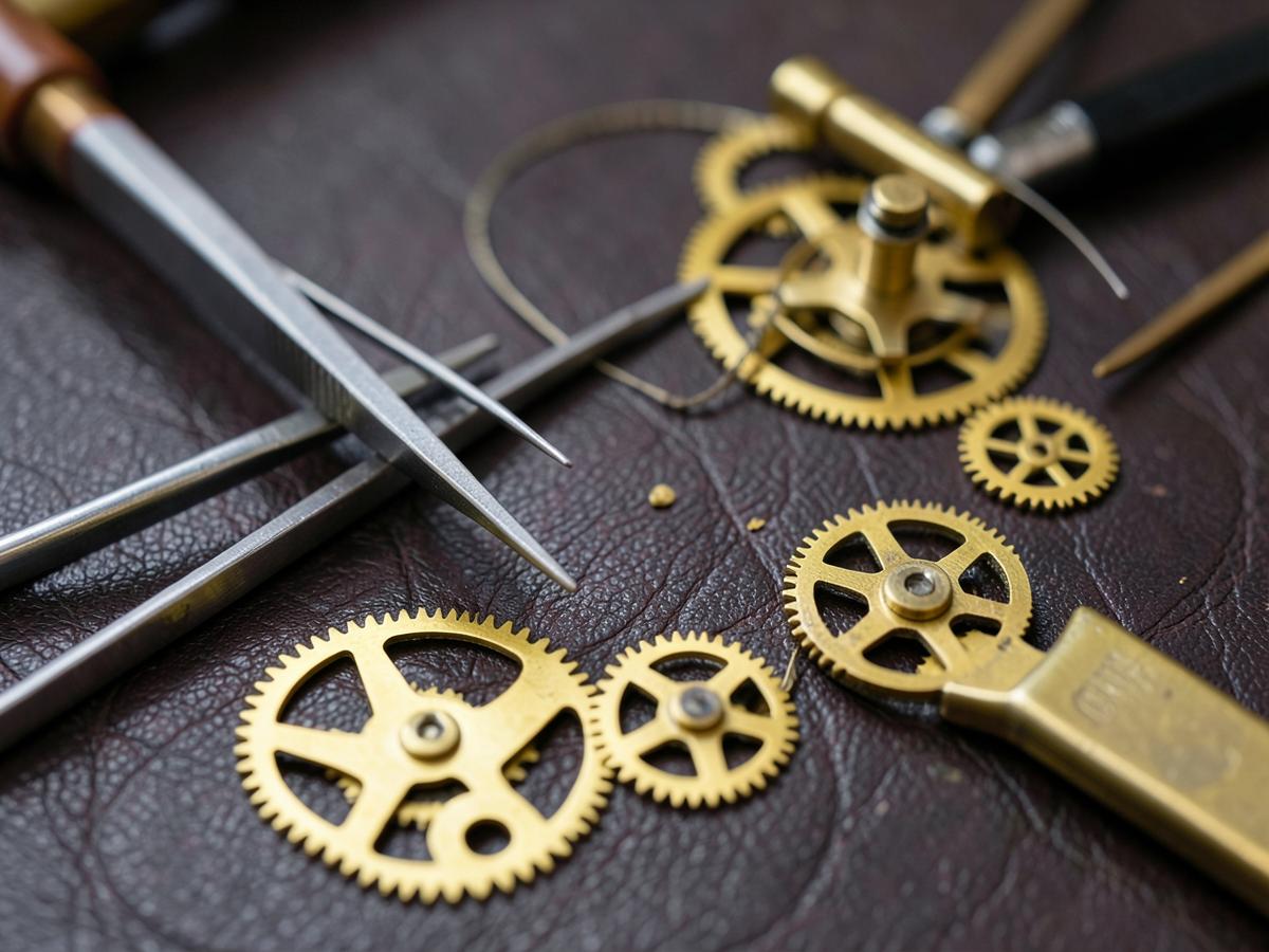 Brass clock wheels and horological hand tools laid out on a workbench